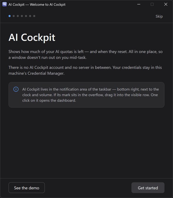 The first page of the setup assistant on Windows, dark: a welcome text, the note that AI Cockpit lives in the notification area of the taskbar, and the buttons See the demo and Let’s go
