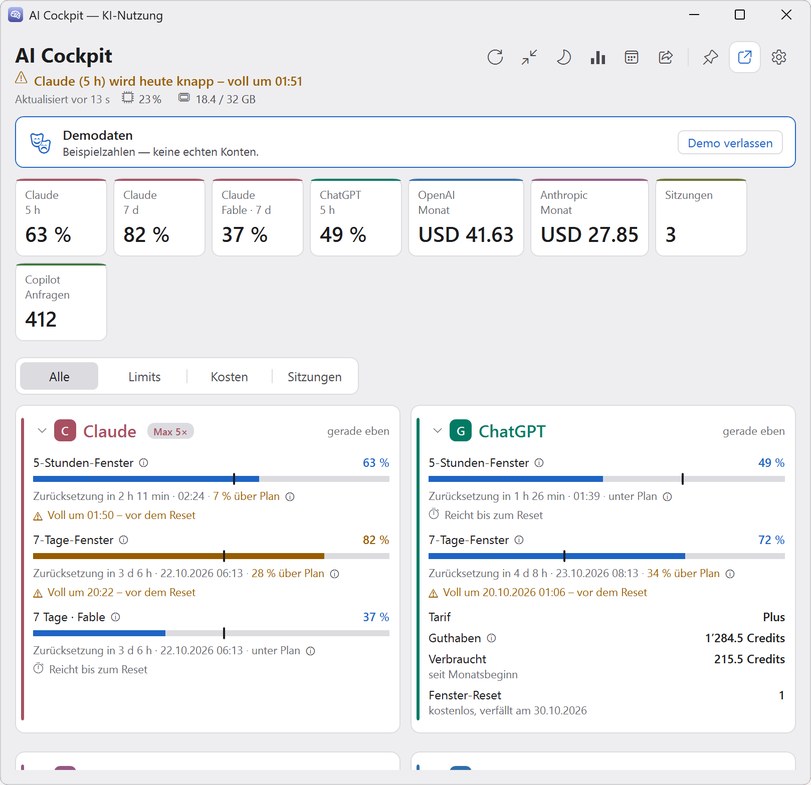 Das AI-Cockpit-Hauptfenster unter Windows im Demomodus, helles Thema: Kopfzeile mit Symbolknöpfen und Systemlast, Kennzahlen-Kacheln sowie die Karten von Claude und ChatGPT mit Prognosezeilen