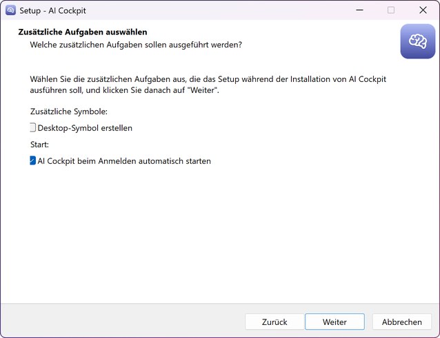 Der Windows-Installer auf der Seite für zusätzliche Aufgaben, mit angehaktem «AI Cockpit beim Anmelden automatisch starten» und nicht angehakter Desktop-Verknüpfung