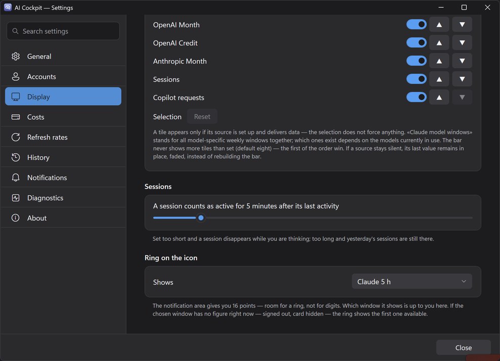 The Windows settings, Display page, section Key figure bar: a switch and arrows for Claude 5 h, Claude 7 d, ChatGPT 5 h, OpenAI month, Anthropic month, sessions and more