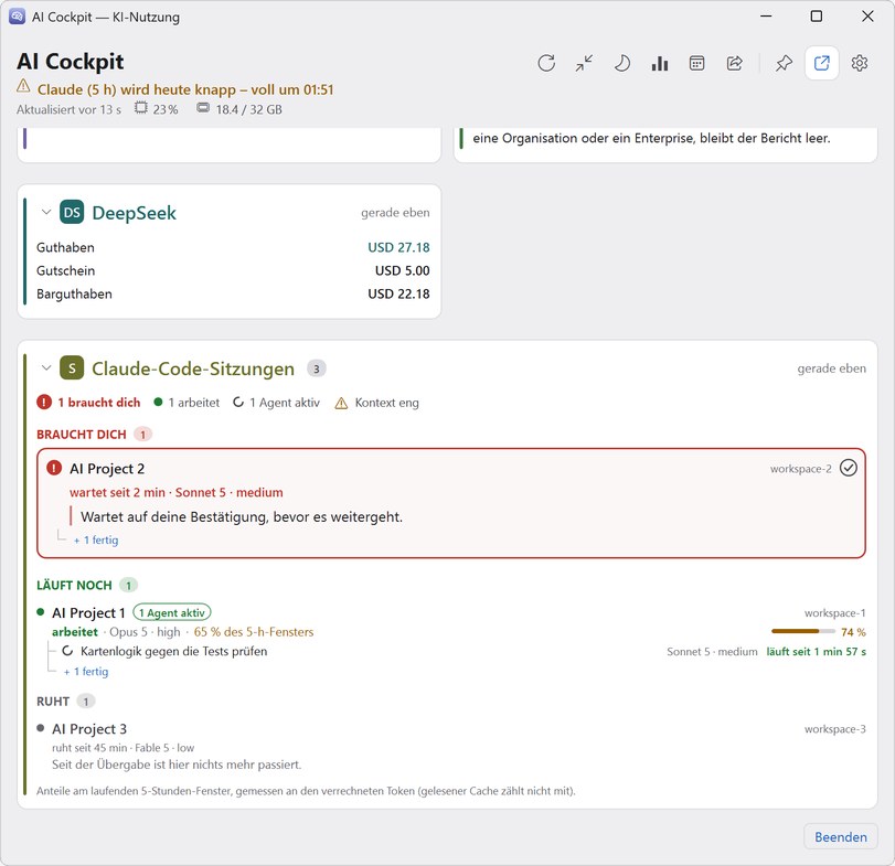 Die Sitzungskarte unter Windows mit den Gruppen Braucht dich, Läuft noch und Ruht, einem Subagenten-Baum und dem Anteil am 5-Stunden-Fenster; die Projektnamen sind Platzhalter
